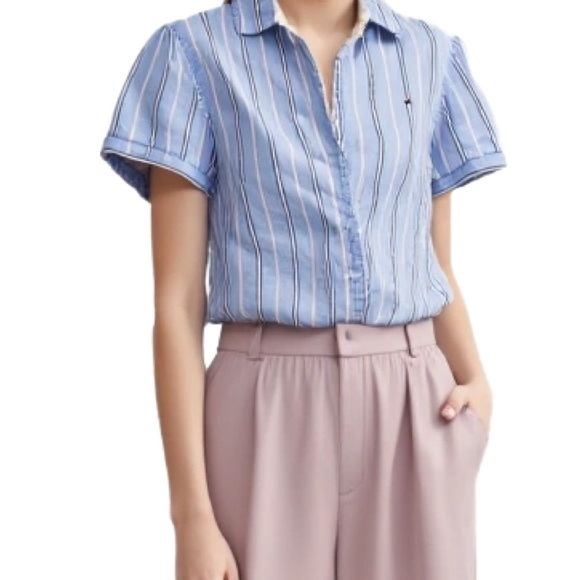 Tommy Hilfiger Blue and White Striped Puff Sleeve Shirt Size XL - Picture 2 of 8